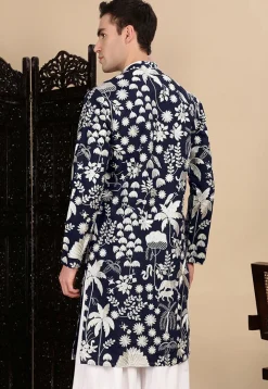 Embroidered Polyester Kurta in Navy Blue