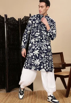 Embroidered Polyester Kurta in Navy Blue