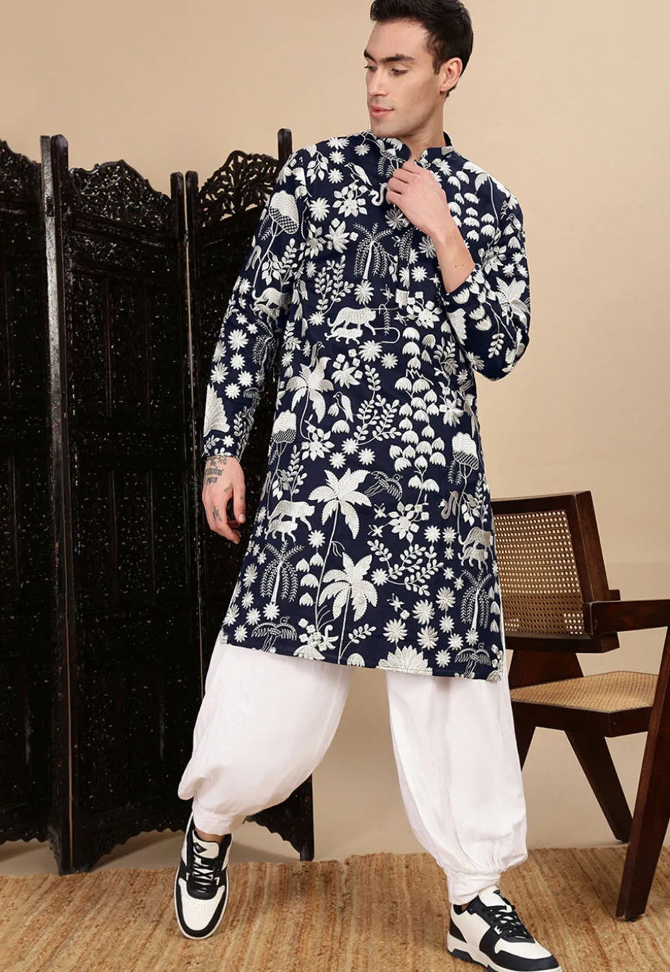 Embroidered Polyester Kurta in Navy Blue