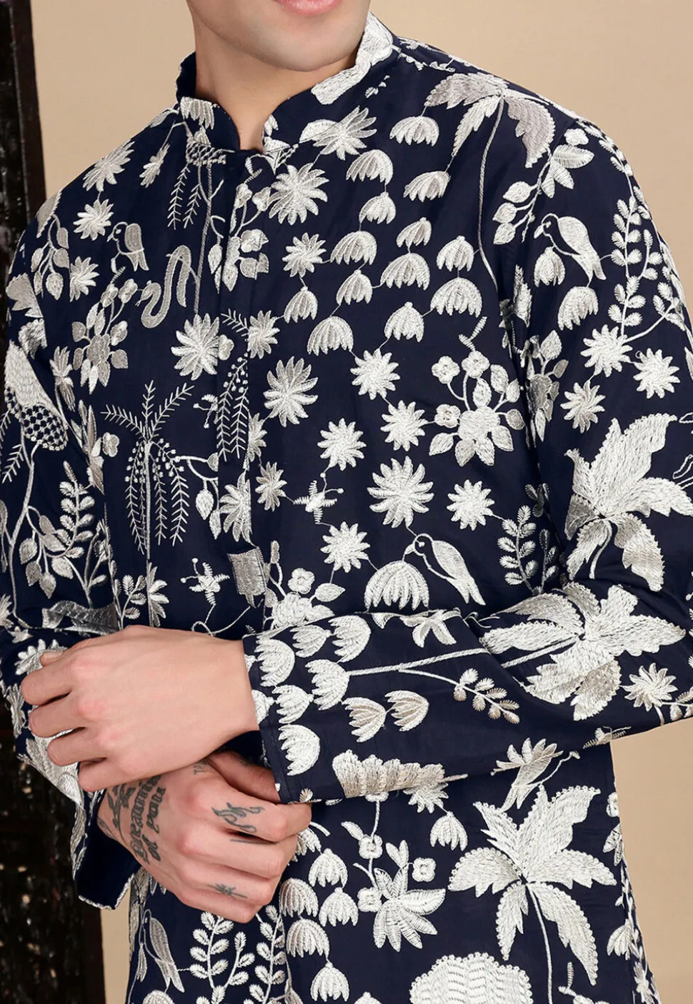 Embroidered Polyester Kurta in Navy Blue