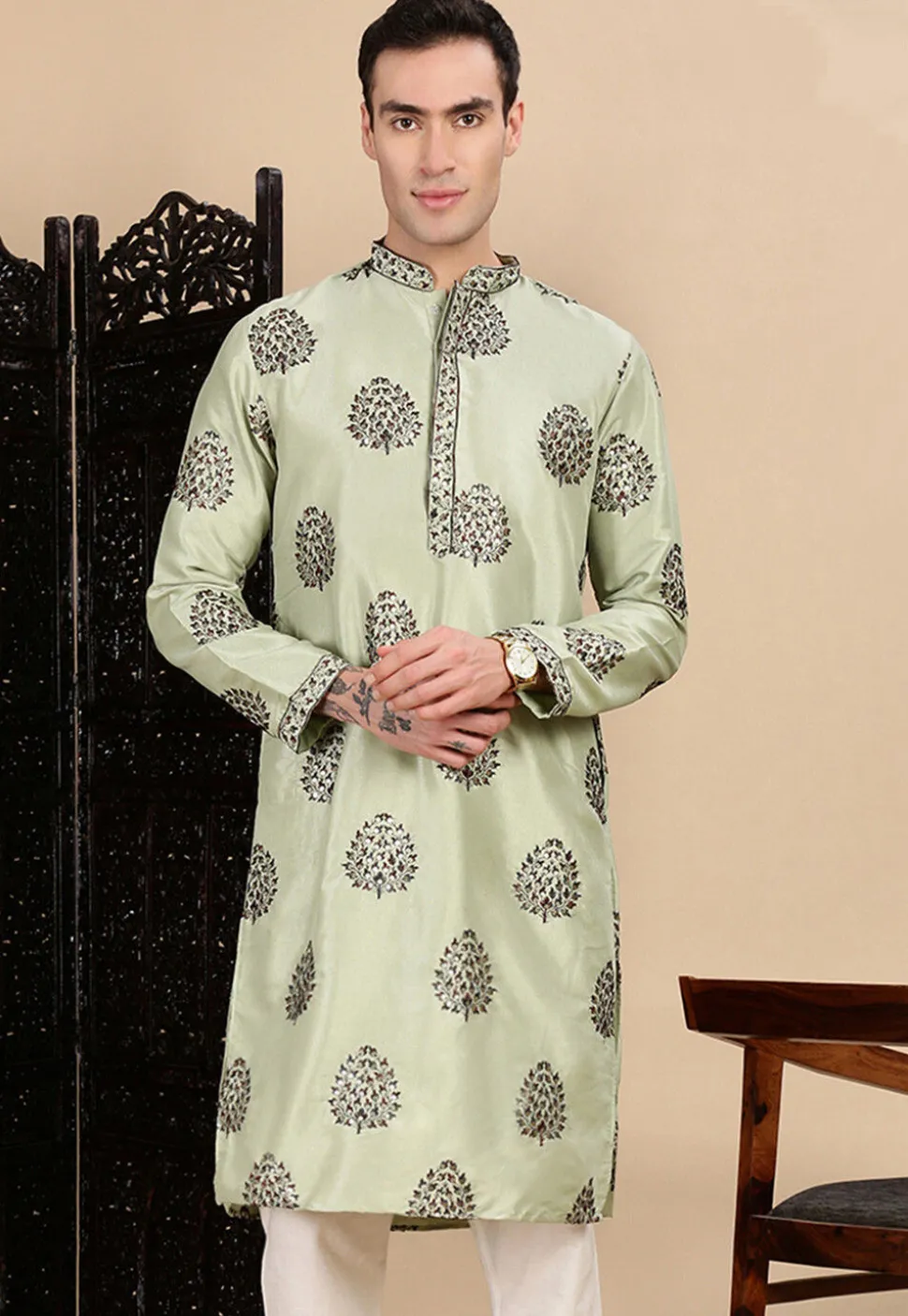 Embroidered Polyester Kurta in Light Green