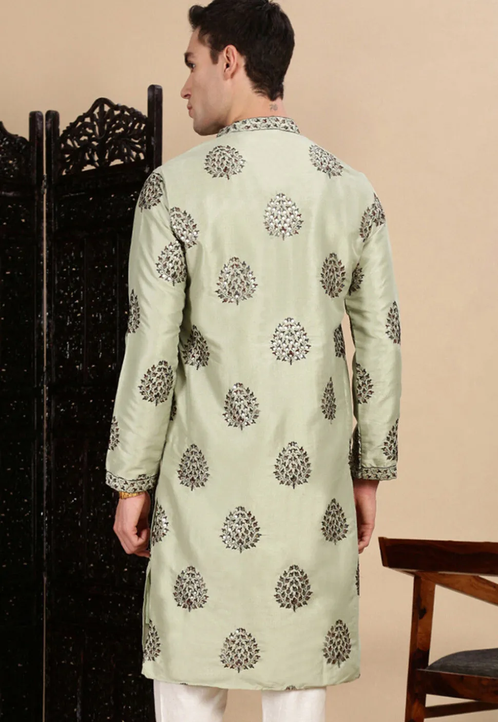 Embroidered Polyester Kurta in Light Green