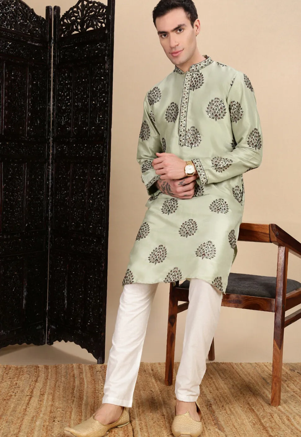 Embroidered Polyester Kurta in Light Green