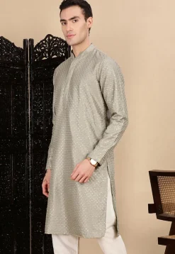 Embroidered Polyester Kurta in Grey