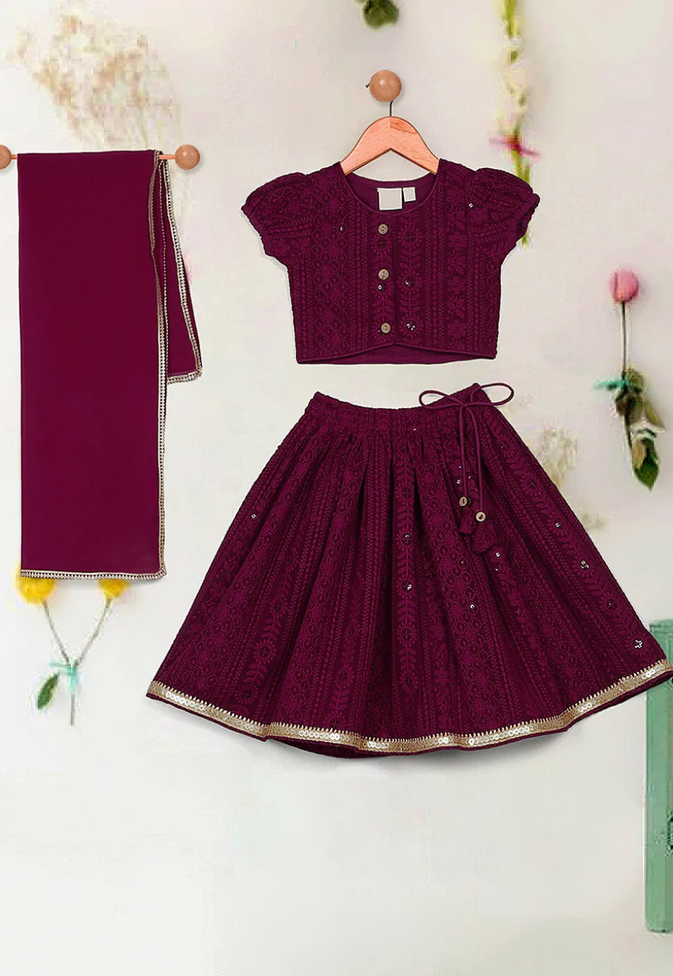 Embroidered Polyester Lehenga in Maroon