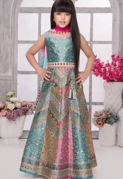 Embroidered Polyester Lehenga in Multicolor