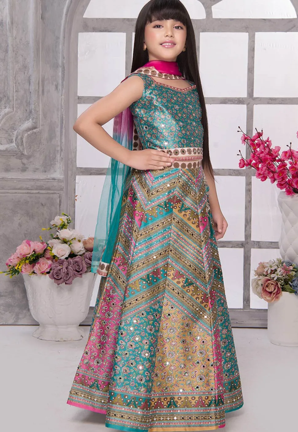 Embroidered Polyester Lehenga in Multicolor