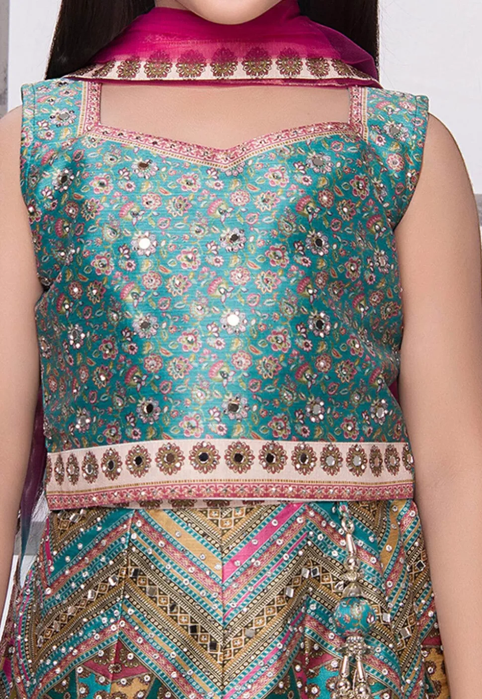 Embroidered Polyester Lehenga in Multicolor