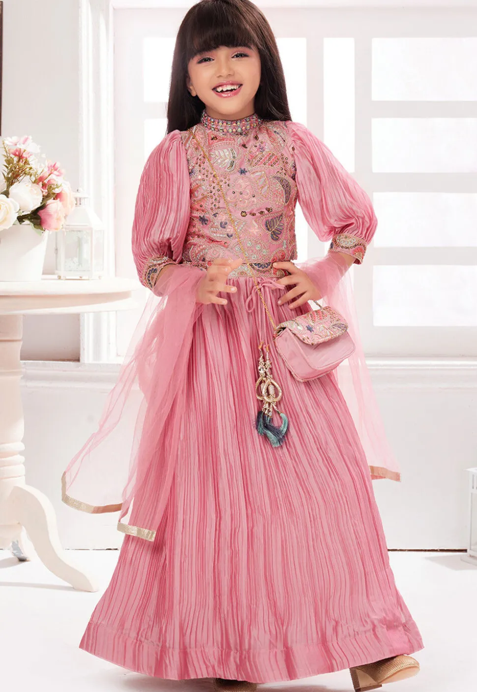 Embroidered Polyester Lehenga in Pink