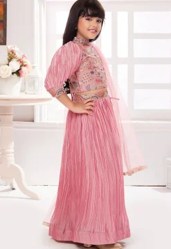 Embroidered Polyester Lehenga in Pink