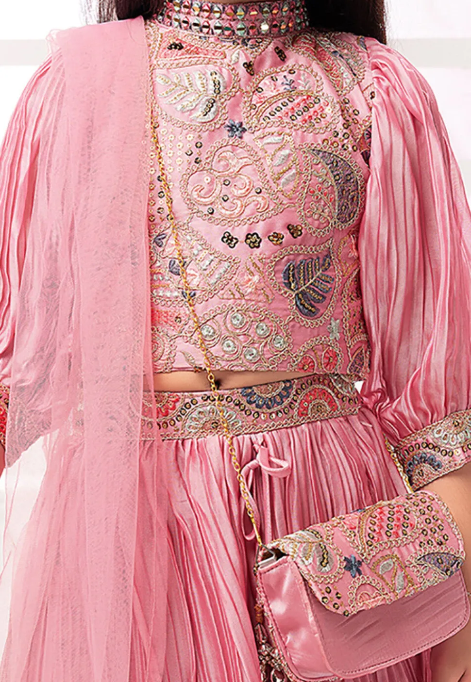 Embroidered Polyester Lehenga in Pink