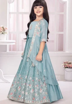 Embroidered Polyester Lehenga in Light Blue