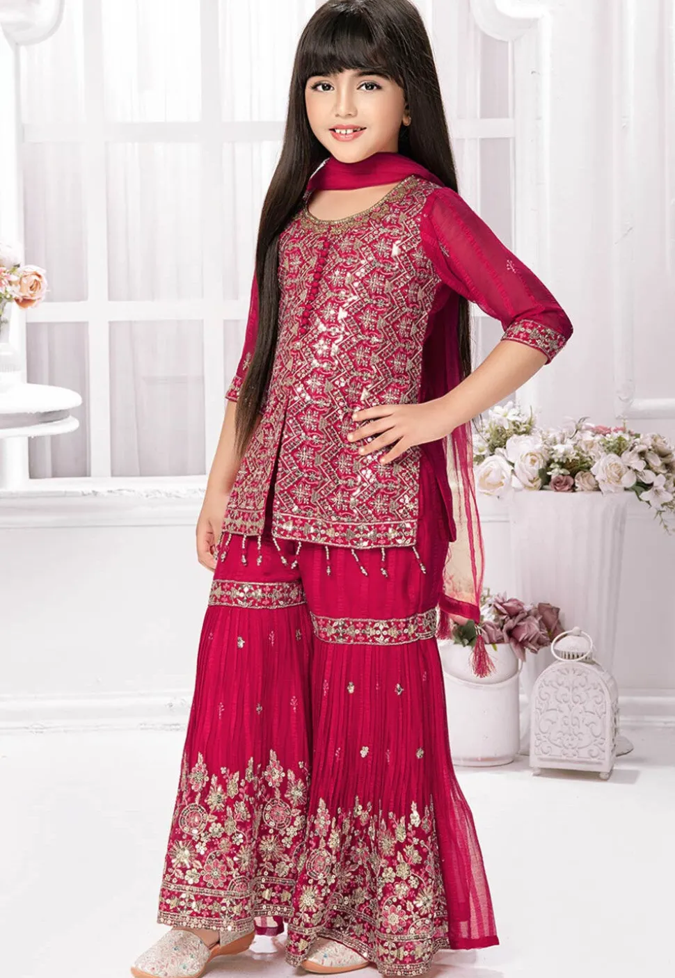 Embroidered Polyester Pakistani Suit in Fuchsia