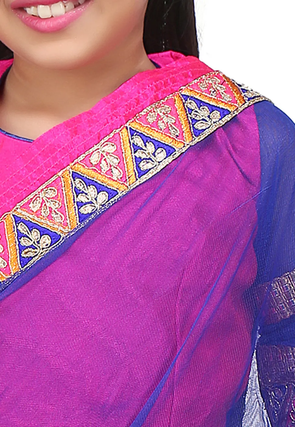 Embroidered Pre Stitched Net Saree in Royal Blue and Fuchsia