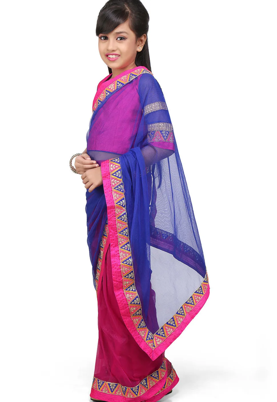 Embroidered Pre Stitched Net Saree in Royal Blue and Fuchsia