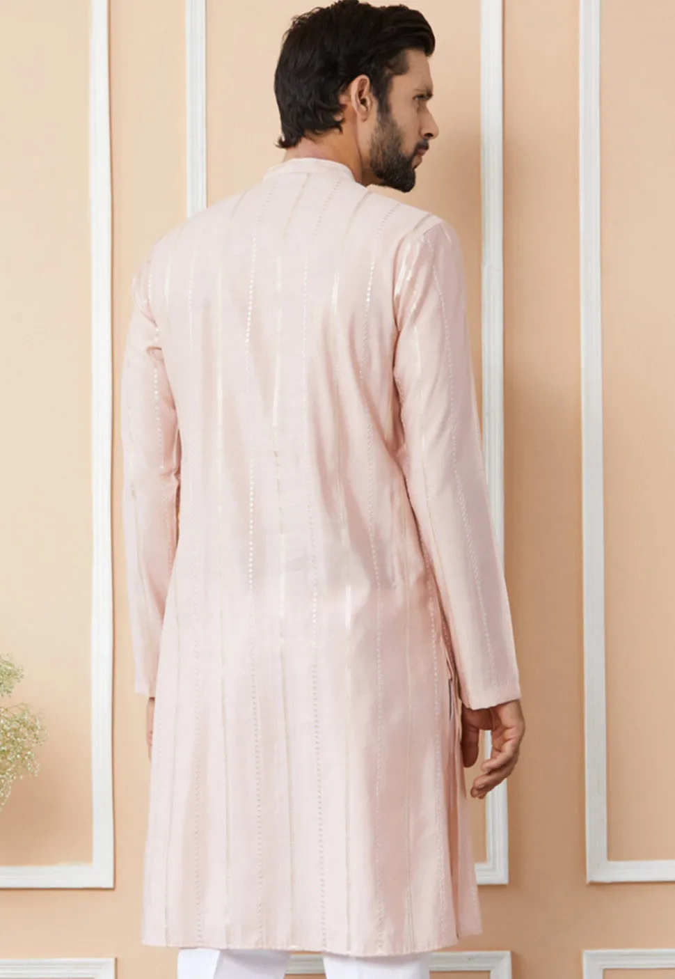 Embroidered Pure Chanderi Silk Kurta in Baby Pink