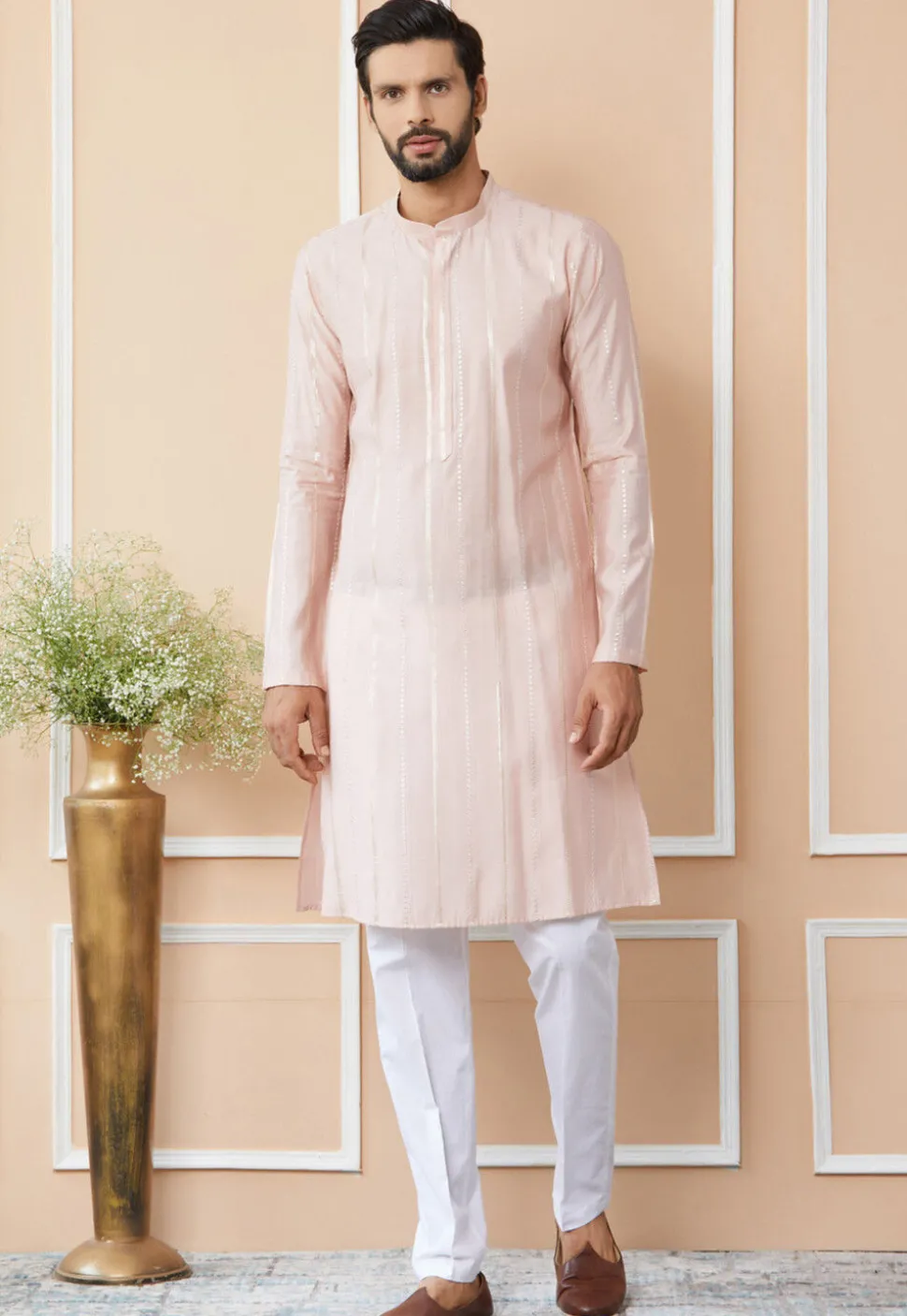 Embroidered Pure Chanderi Silk Kurta in Baby Pink