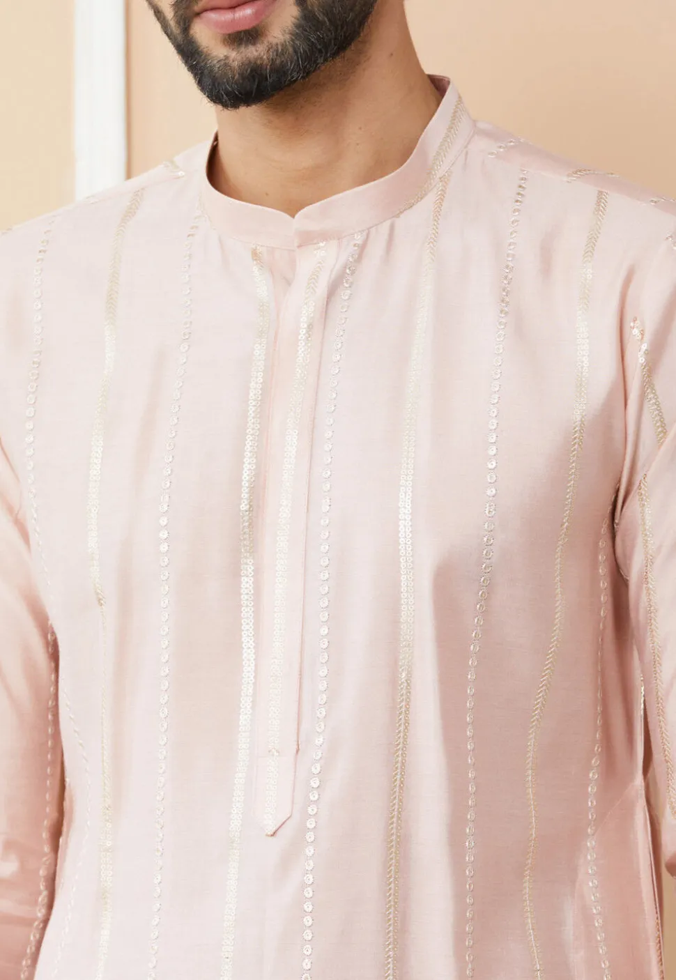Embroidered Pure Chanderi Silk Kurta in Baby Pink