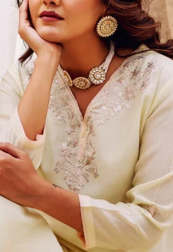 Embroidered Pure Chanderi Silk Pakistani Suit in Light Yellow