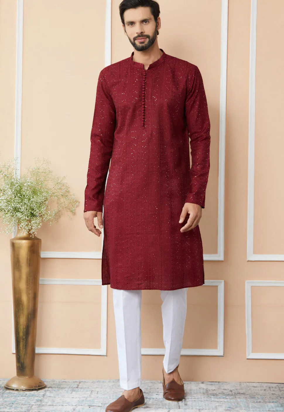 Embroidered Pure Chanderi Silk Kurta Set in Maroon