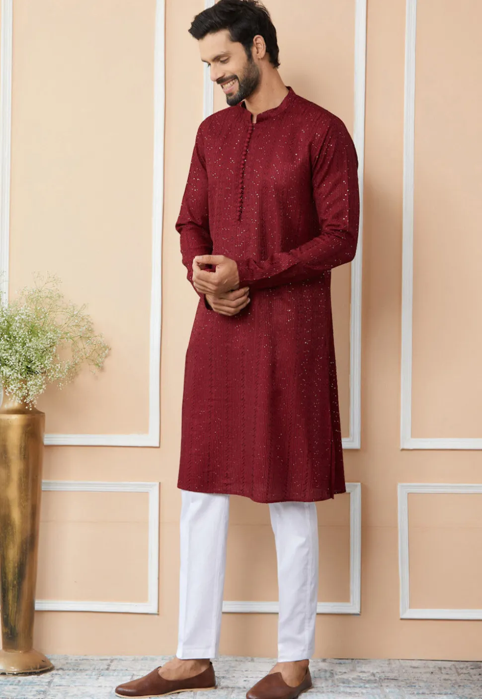 Embroidered Pure Chanderi Silk Kurta Set in Maroon