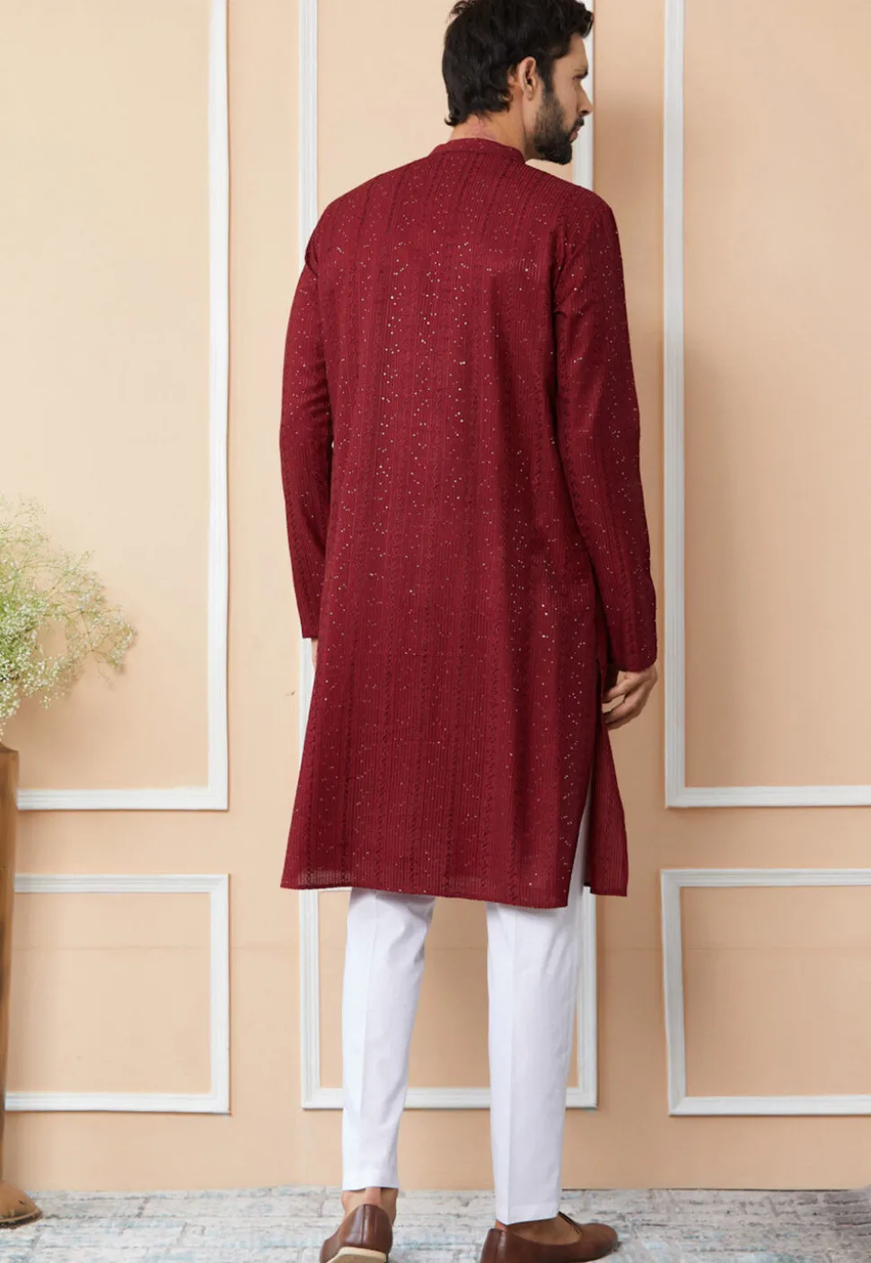 Embroidered Pure Chanderi Silk Kurta Set in Maroon