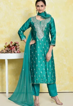 Embroidered Pure Chanderi Cotton Pakistani Suit in Teal Green