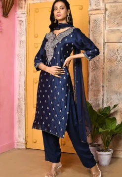 Embroidered Pure Chanderi Silk Pakistani Suit in Navy Blue