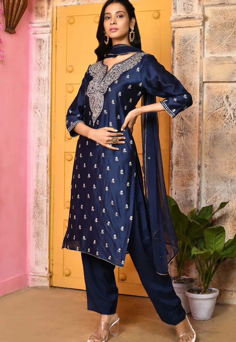 Embroidered Pure Chanderi Silk Pakistani Suit in Navy Blue