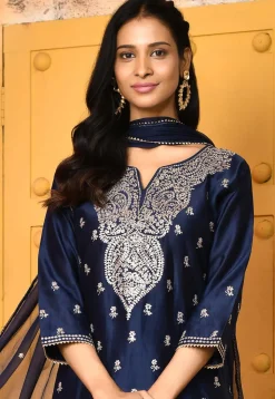 Embroidered Pure Chanderi Silk Pakistani Suit in Navy Blue
