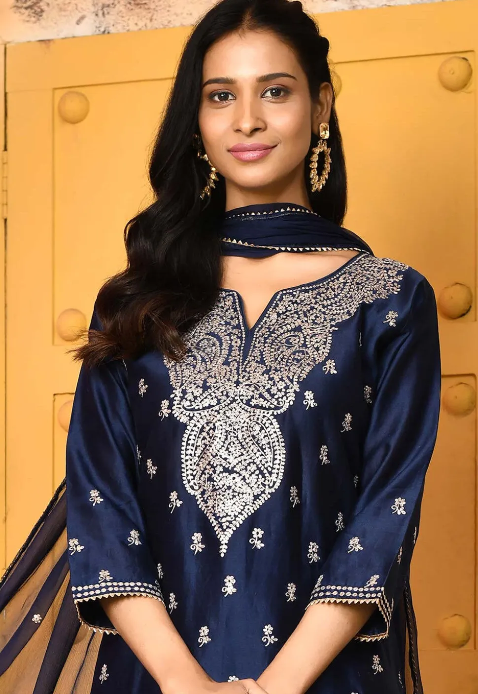 Embroidered Pure Chanderi Silk Pakistani Suit in Navy Blue