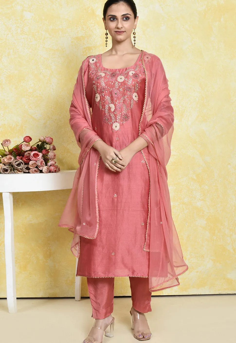 Embroidered Pure Chanderi Cotton Pakistani Suit in Peach