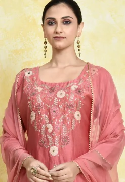 Embroidered Pure Chanderi Cotton Pakistani Suit in Peach