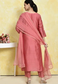 Embroidered Pure Chanderi Cotton Pakistani Suit in Peach