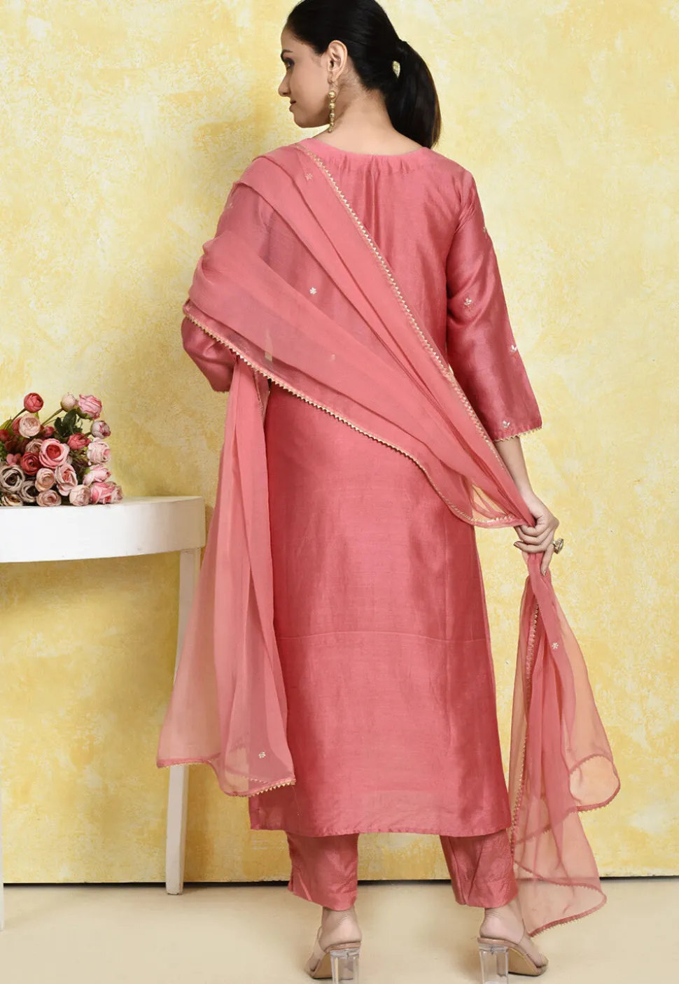 Embroidered Pure Chanderi Cotton Pakistani Suit in Peach