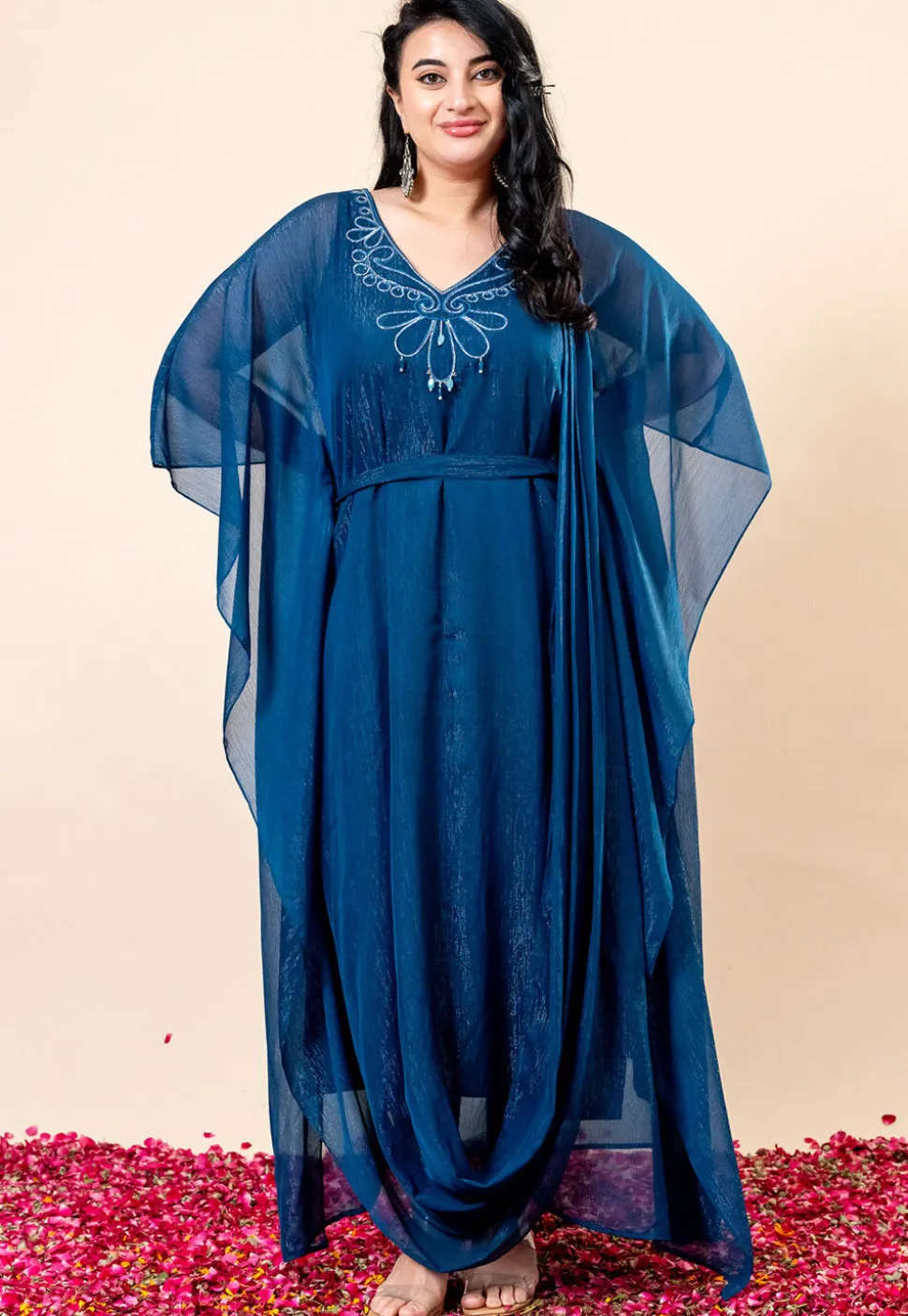 Embroidered Pure Chiffon Shimmer Gown in Teal Blue