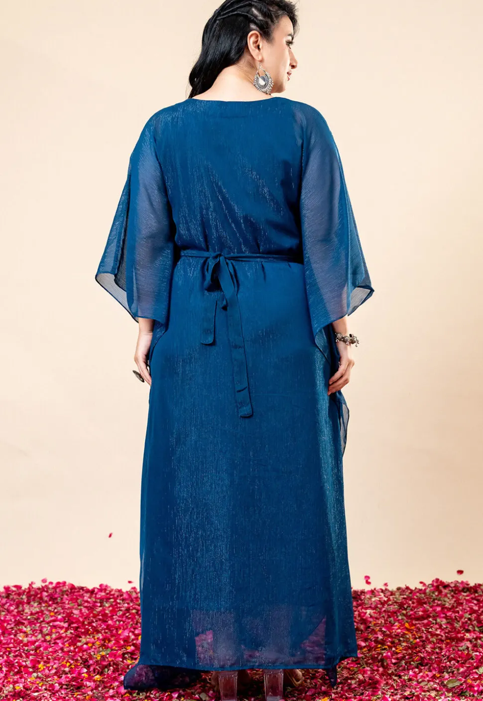 Embroidered Pure Chiffon Shimmer Gown in Teal Blue