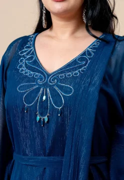 Embroidered Pure Chiffon Shimmer Gown in Teal Blue