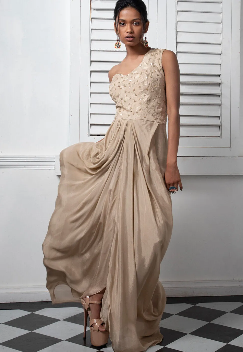 Embroidered Pure Chinon Chiffon Gown in Dark Beige