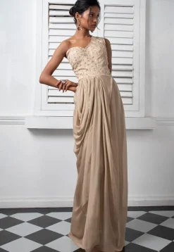 Embroidered Pure Chinon Chiffon Gown in Dark Beige