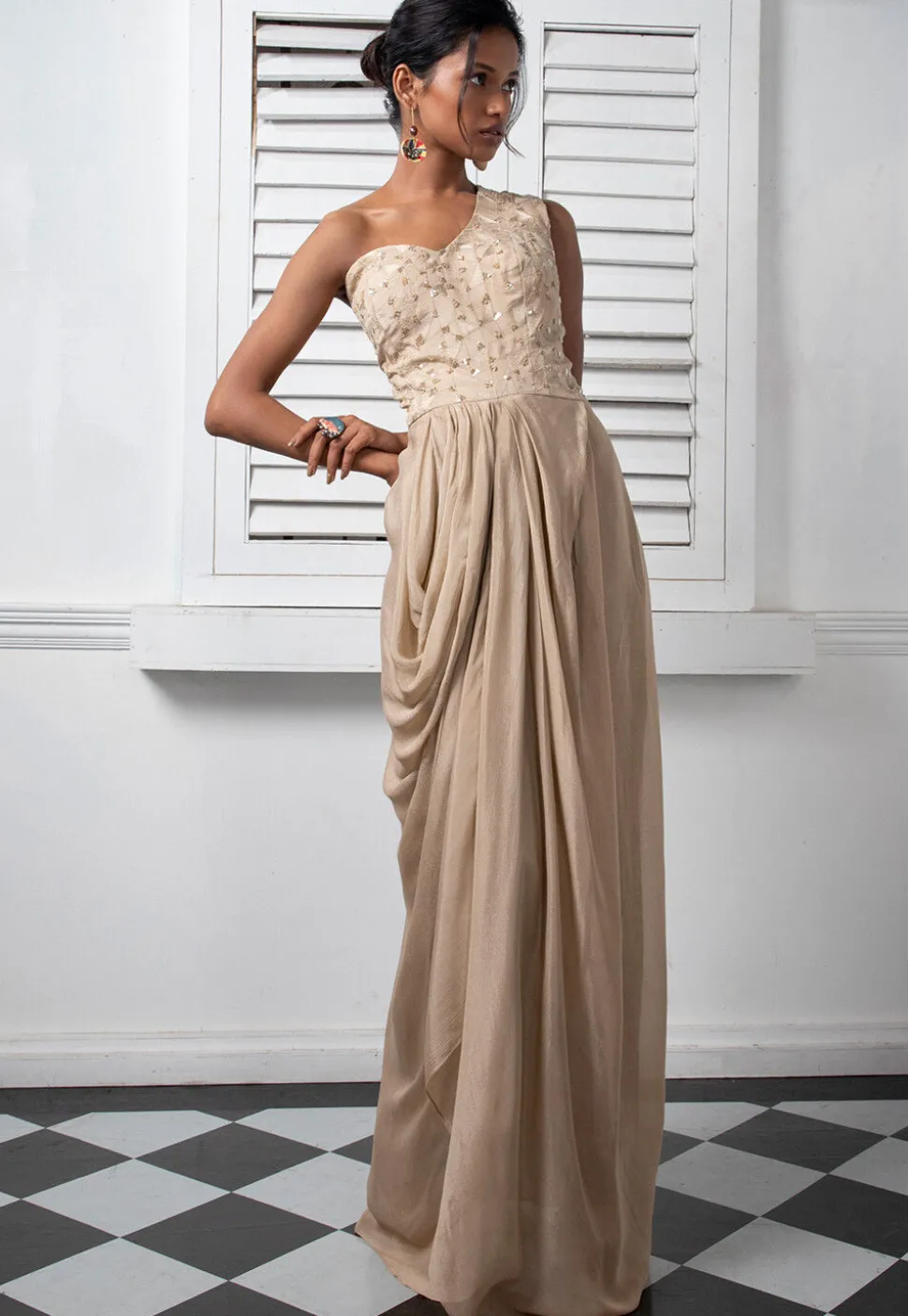 Embroidered Pure Chinon Chiffon Gown in Dark Beige