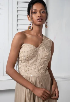 Embroidered Pure Chinon Chiffon Gown in Dark Beige