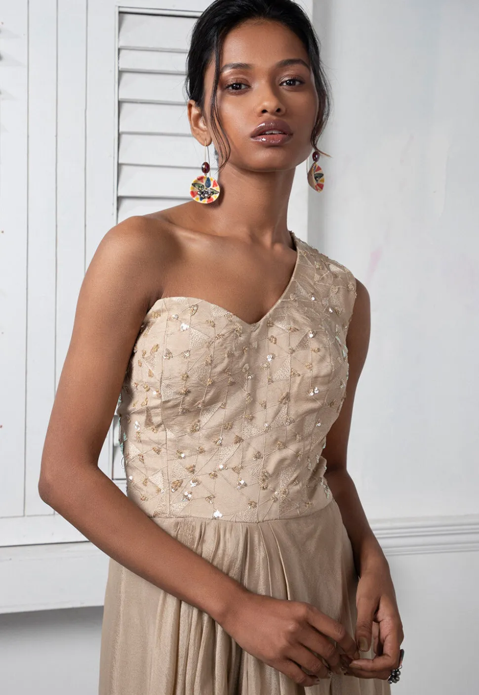 Embroidered Pure Chinon Chiffon Gown in Dark Beige