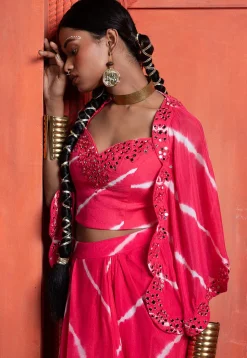 Embroidered Pure Chinon Chiffon Crop Top Set in Fuchsia