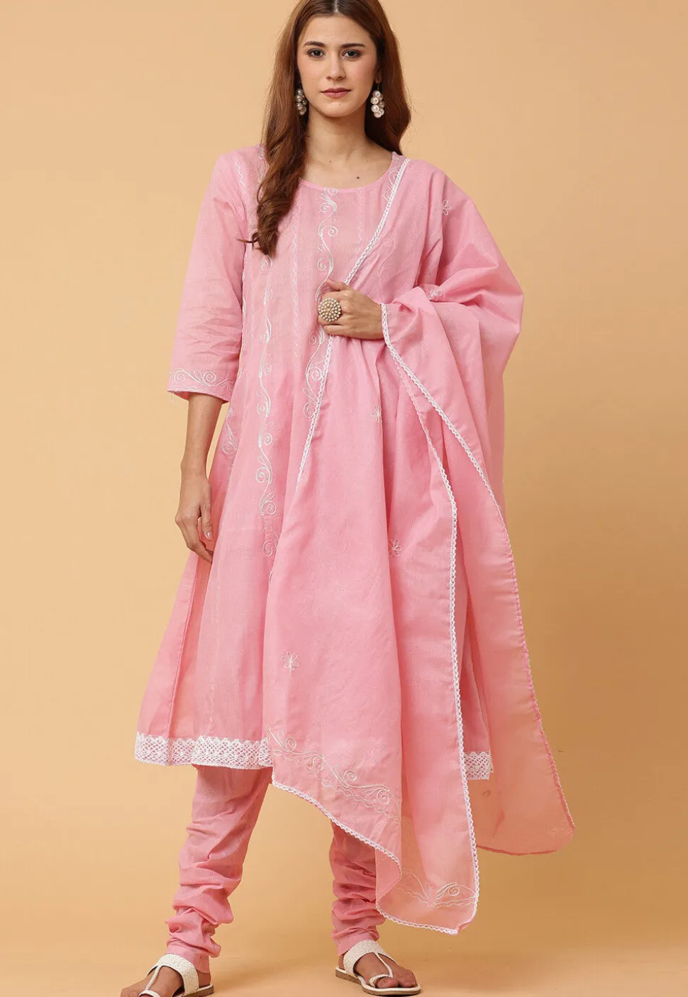 Embroidered Pure Cotton Anarkali Suit in Pink