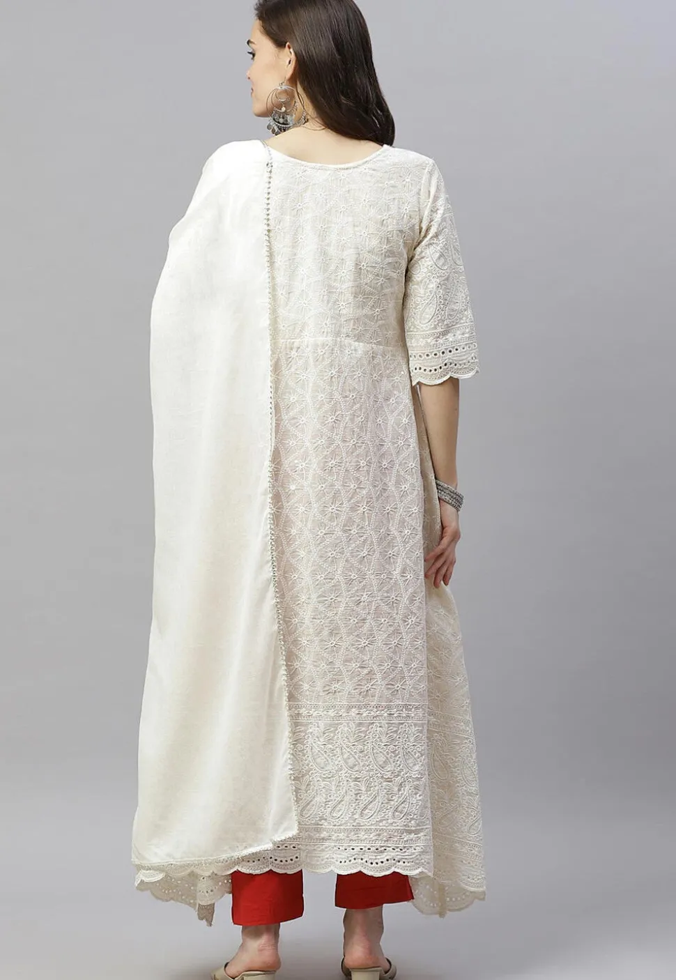 Embroidered Pure Cotton Aline Suit in Off White