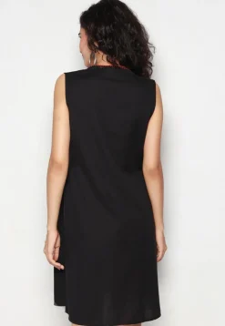 Embroidered Pure Cotton Aline Dress in Black