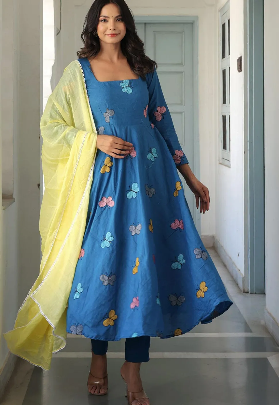 Embroidered Pure Cotton Aline Suit in Blue