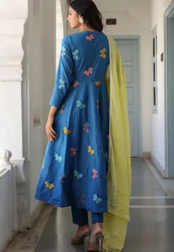 Embroidered Pure Cotton Aline Suit in Blue