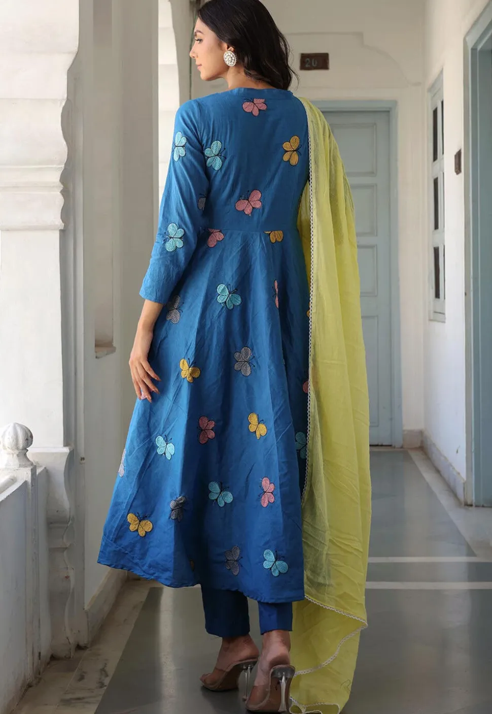 Embroidered Pure Cotton Aline Suit in Blue